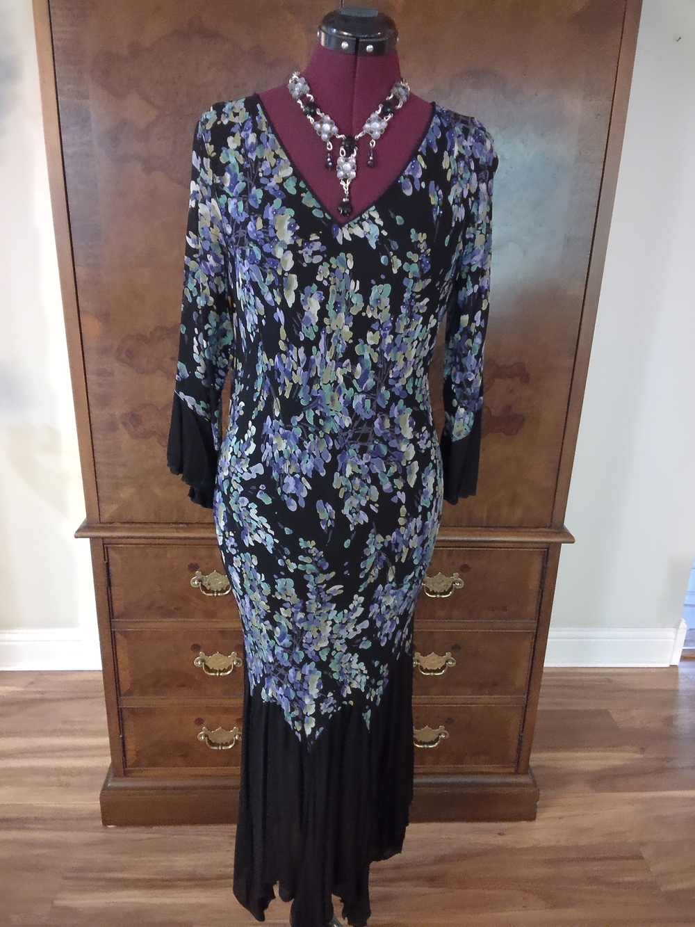 Temptations Black Maxi Dress with Purple & Green Floral Print